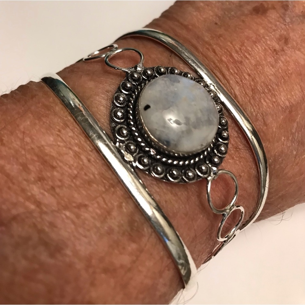 Moonstone Stamped 925 Sterling Silver Cuff Bracelet